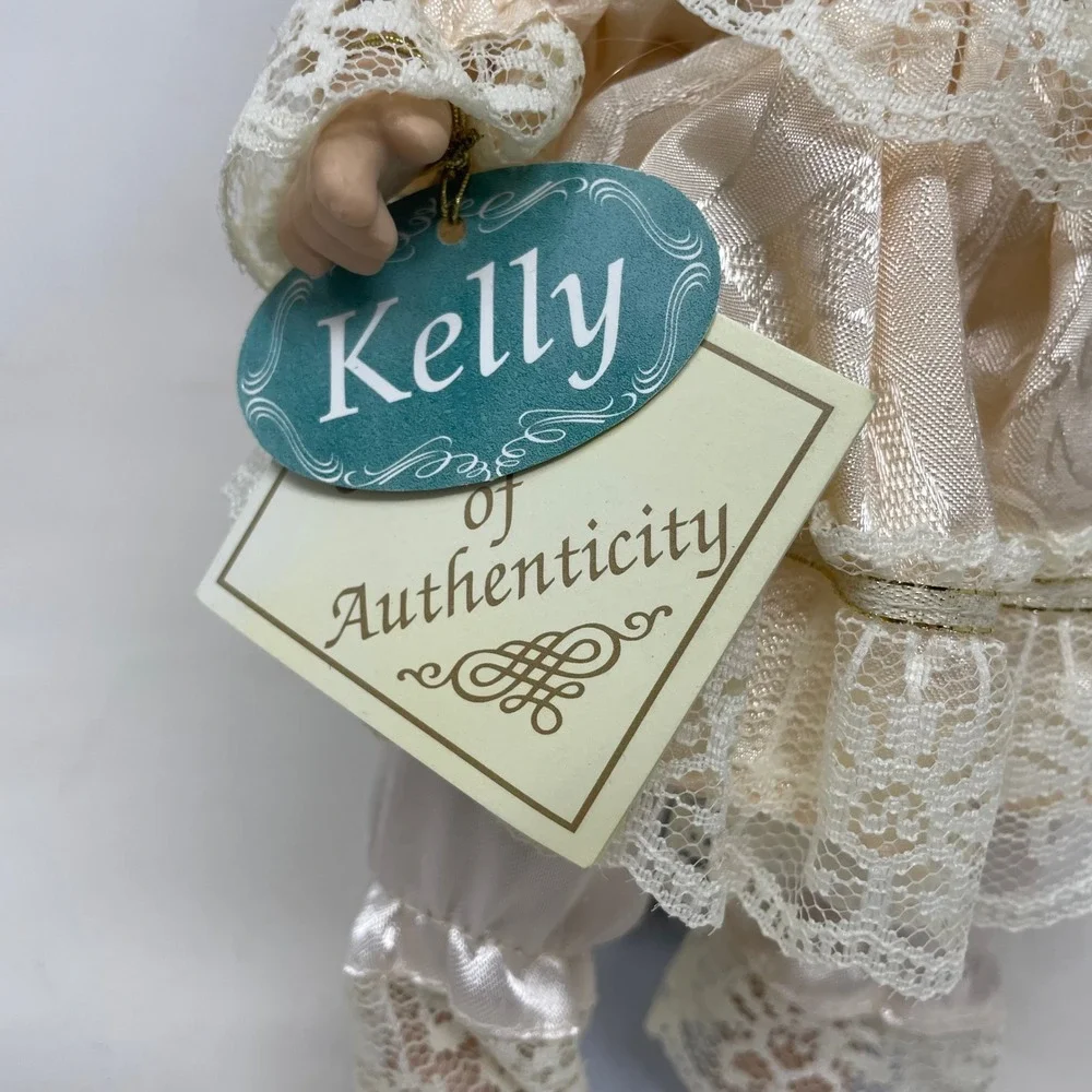 Kelly of Authenticity Porcelain Doll Blonde Curls Lace Champagne Dress 9 Inch